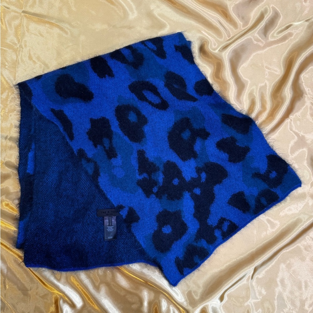 Rag & Bone Alpaca Mohair Blue Leopard Print Scarf